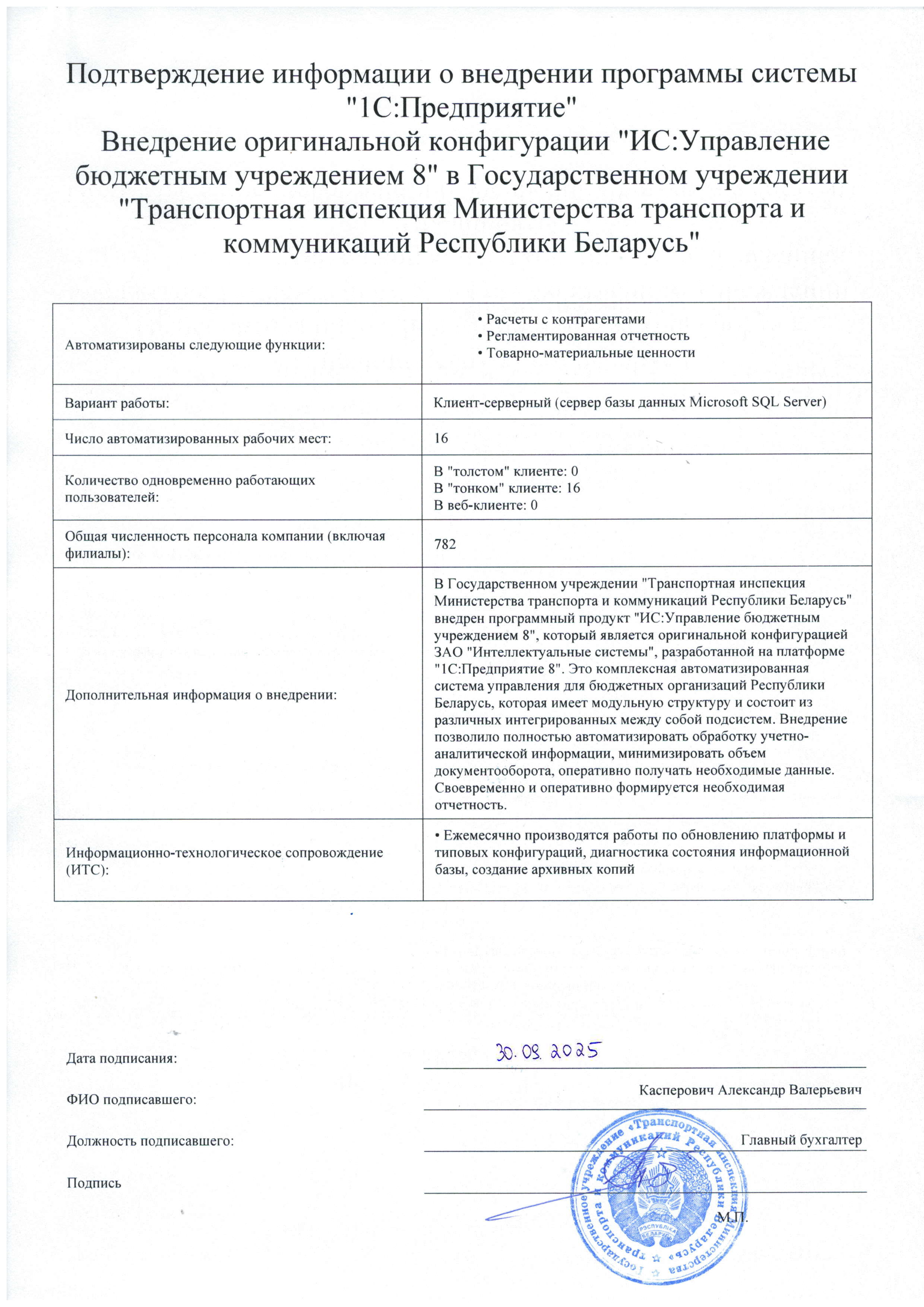 отзыв Внедрение 1С в Государственном учреждении "Транспортная инспекция Министерства транспорта и коммуникаций Республики Беларусь" о компании Интеллектуальные системы